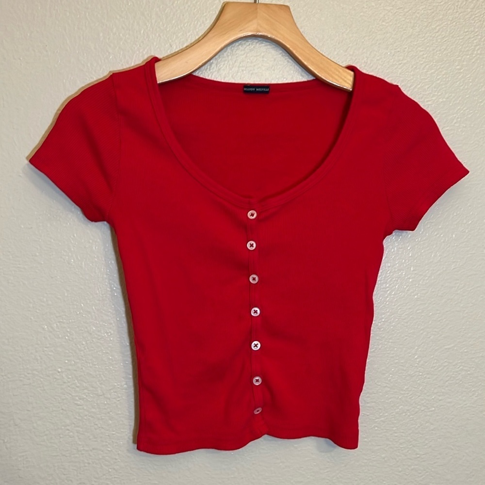 Brandy Melville Red Button Down Cropped Short Sleeve Scoop Neck Cotton Shirt